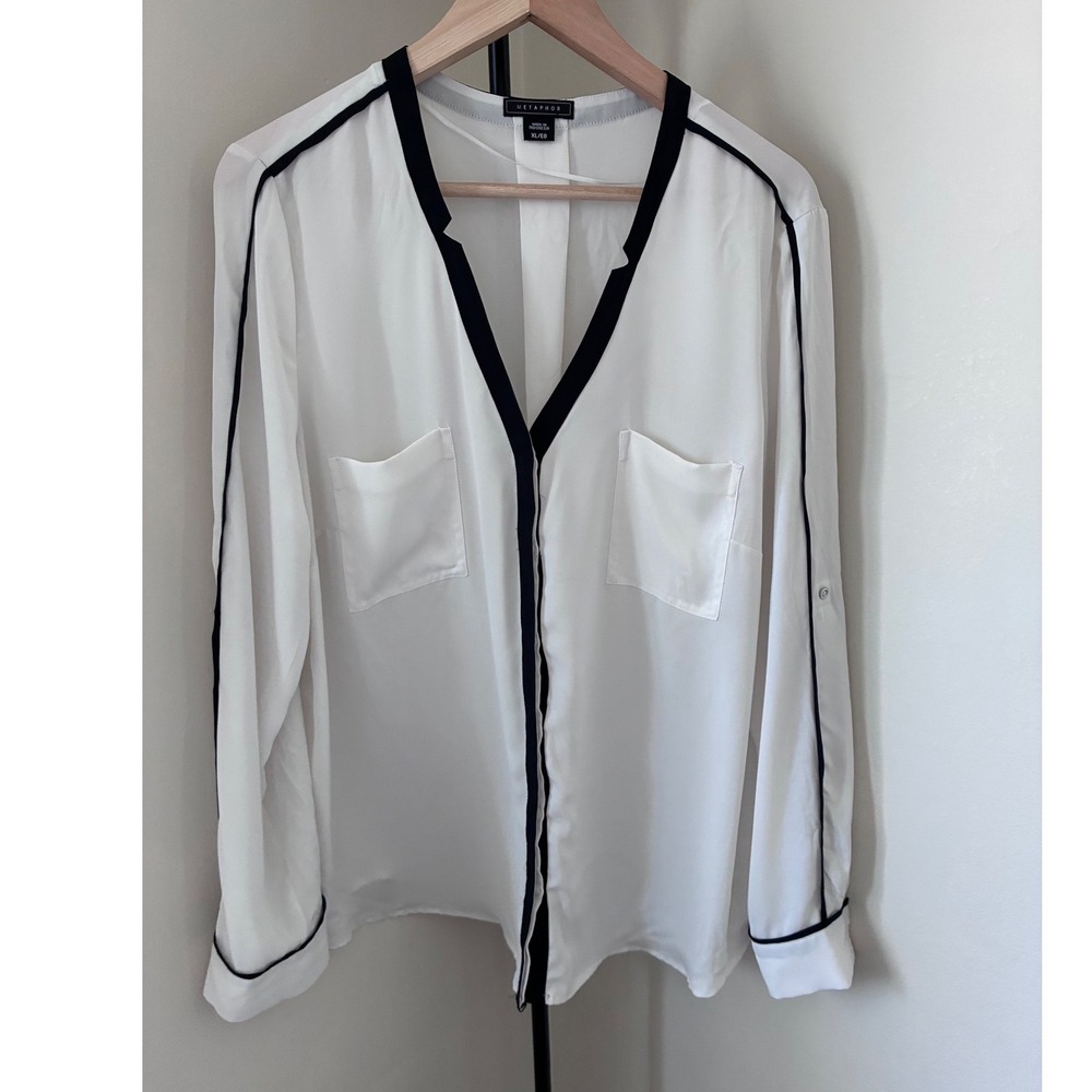 Metaphor Womens XL White Black  V-Neck Roll Tab Sleeve Pocket Blouse minimalist